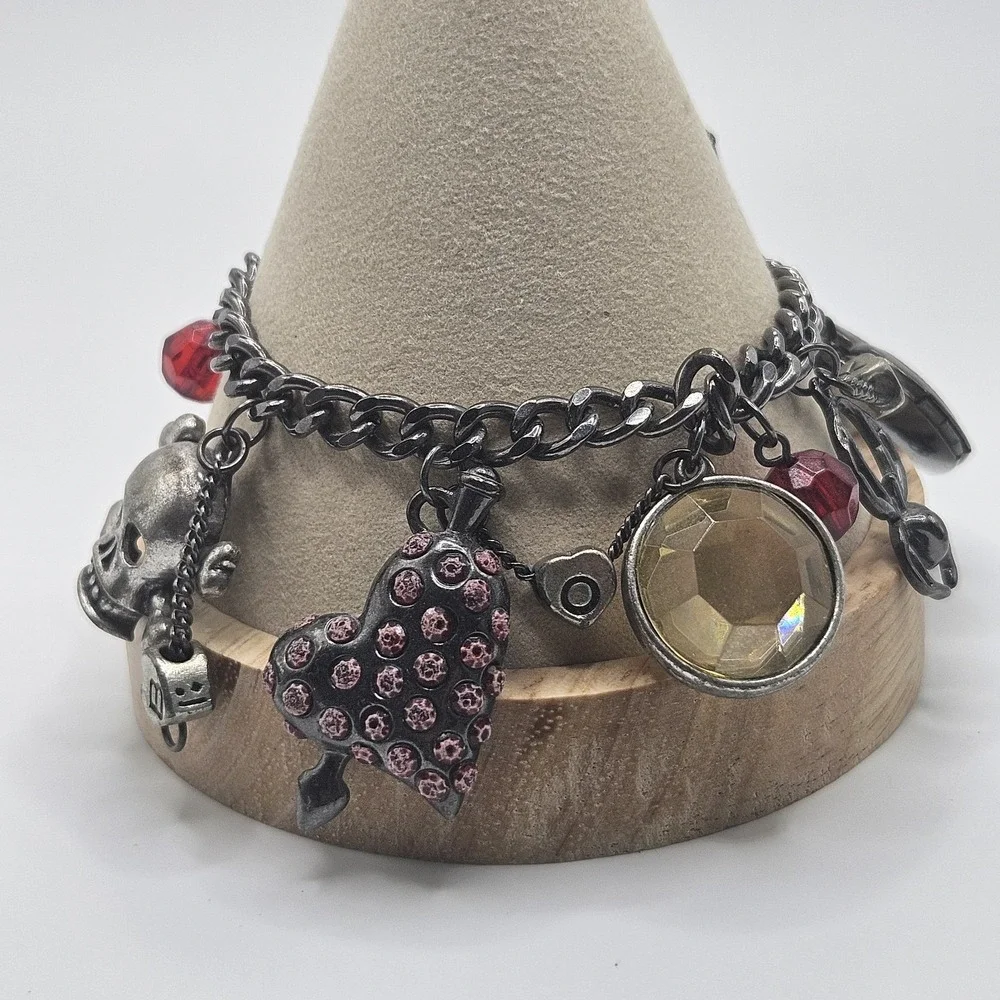 Betsey Johnson Goth Bracelet Skull Spider Heart Locket Gunmetal Gray 6.75